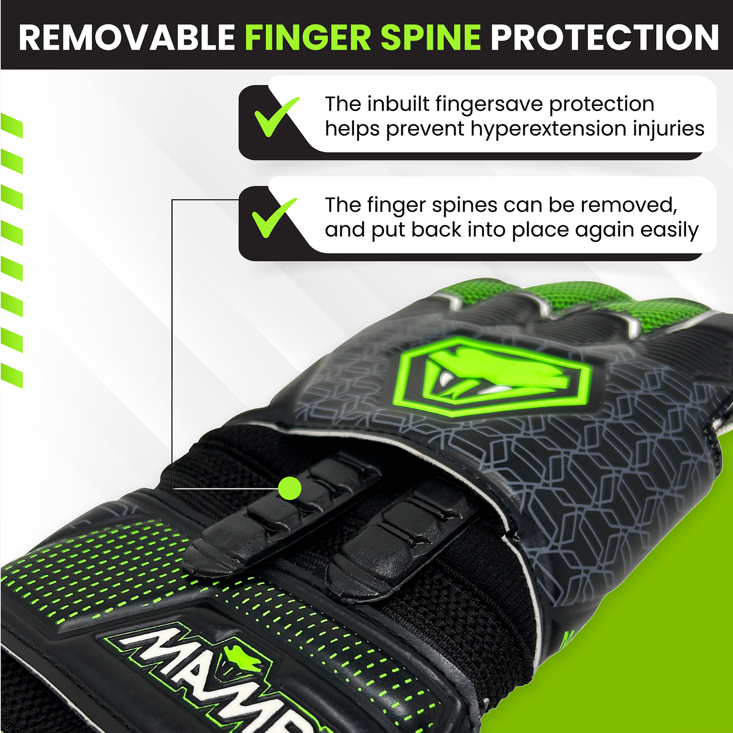 Goalkeeper gloves removable fingerspine protection