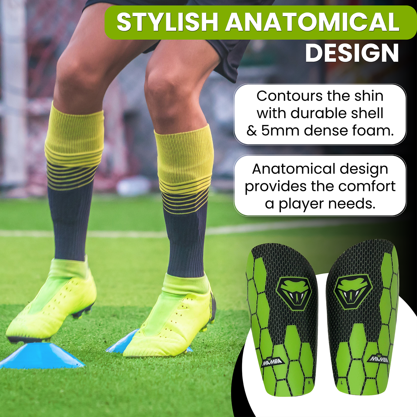 Shin pads anatomical design for comfort and protection